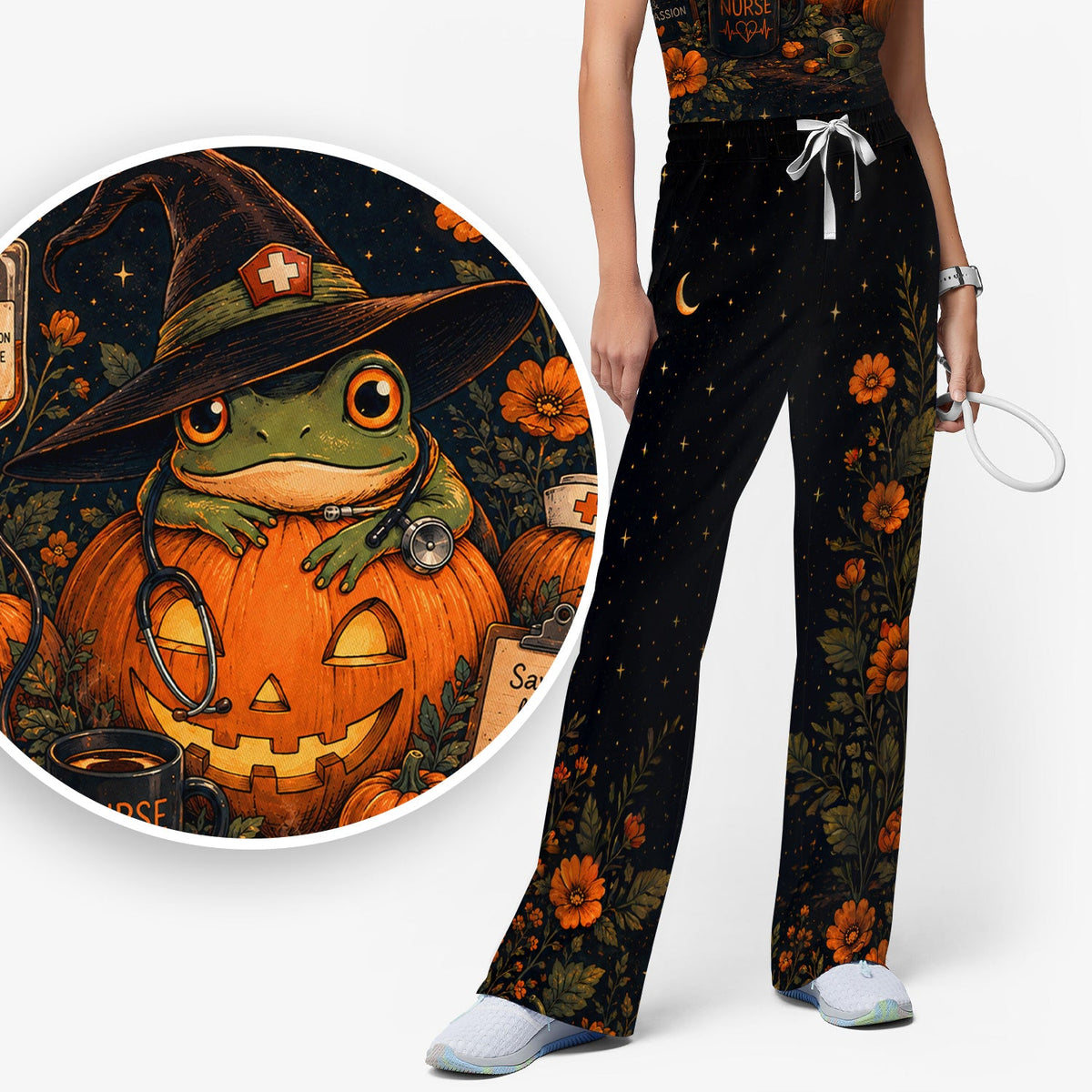 Witch Frog Pumpkin Nurse Scrub Set - Halloween Gift