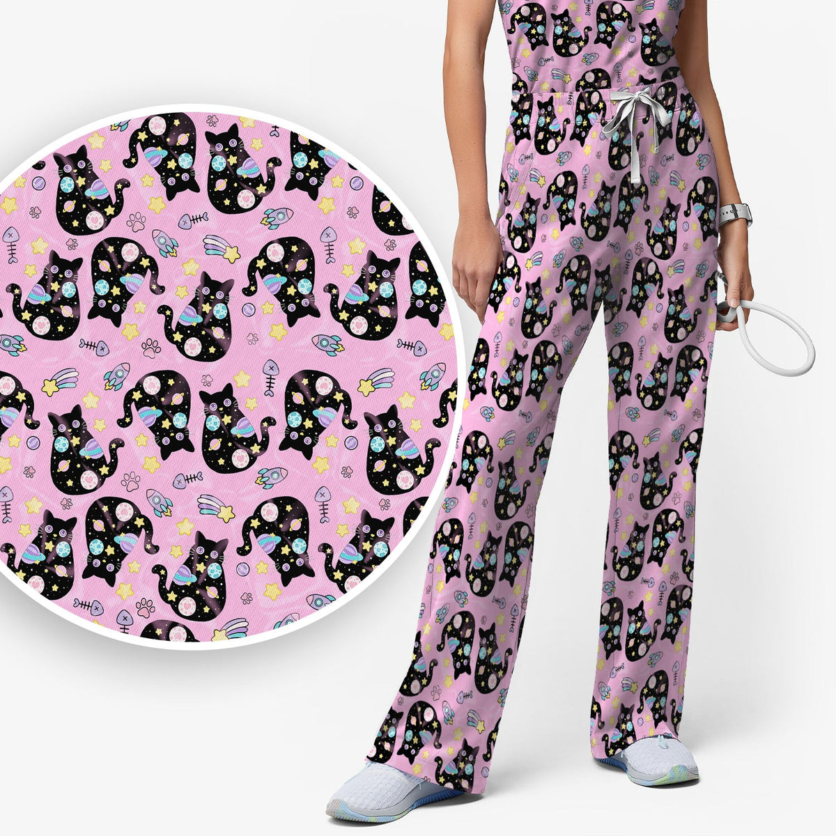 Black Cat Galaxy Space Nurse Scrub Top