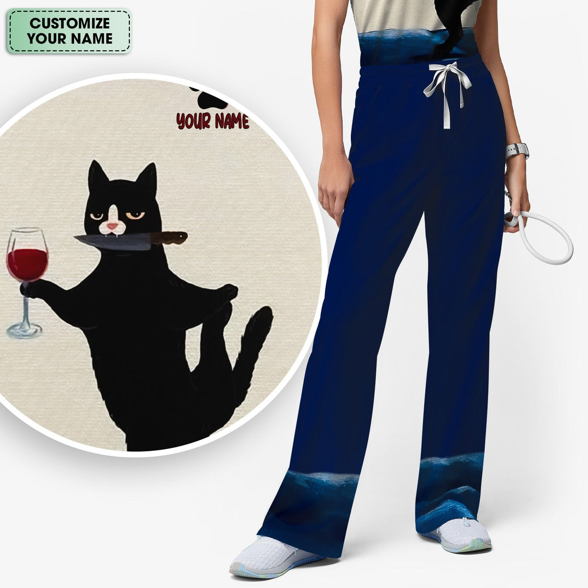 Personalized Cat Wine Glass Knife Nurse Scrub Set