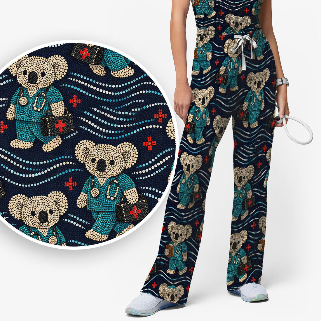 Aboriginal Dot Art Pattern Nurse Scrub Set, Koala Medical Shirt For Women, Breathable Fabrics Nursing Uniform