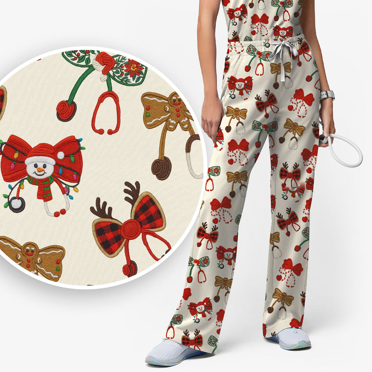 Christmas Stethoscope Bow Nurse Scrub Set