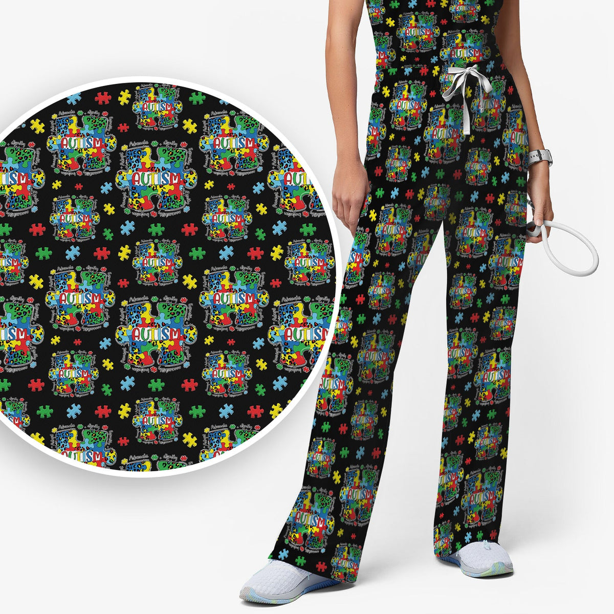 Autism Awareness Puzzle Black White Nurse Scrub Set