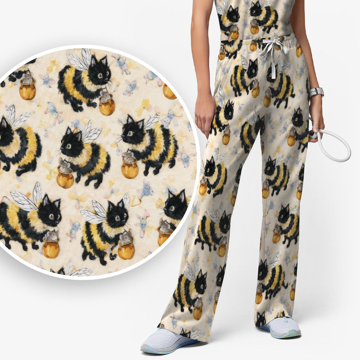 Adorable Bumblebee Cat Honey Jar Nurse Scrub Set