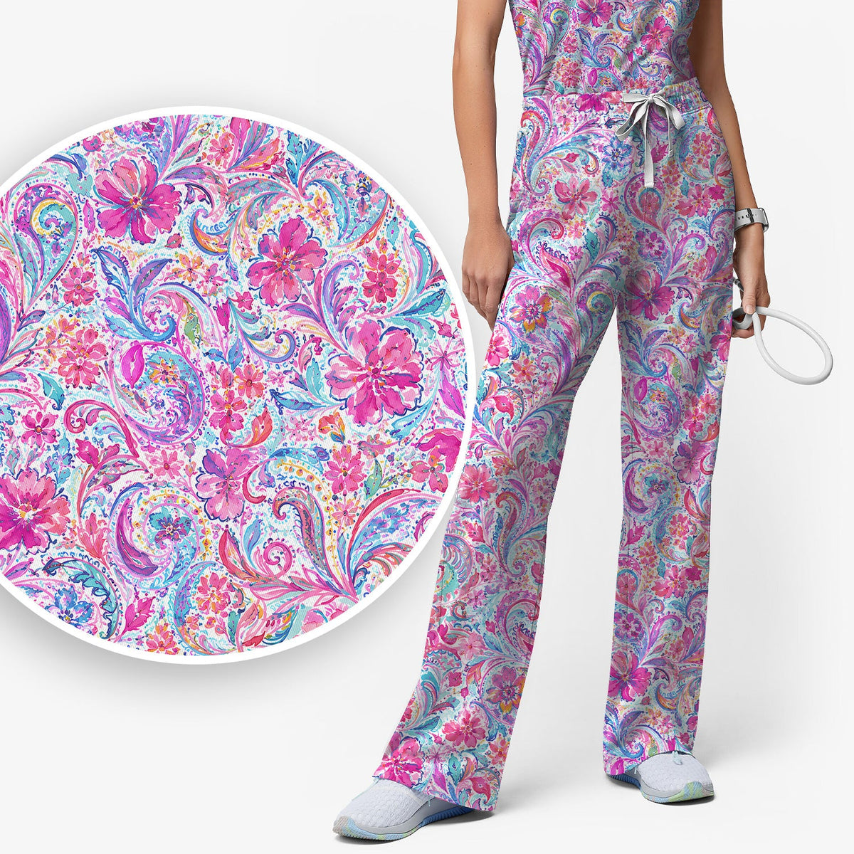Elegant Pink Paisley Blossom Nurse Scrub Set