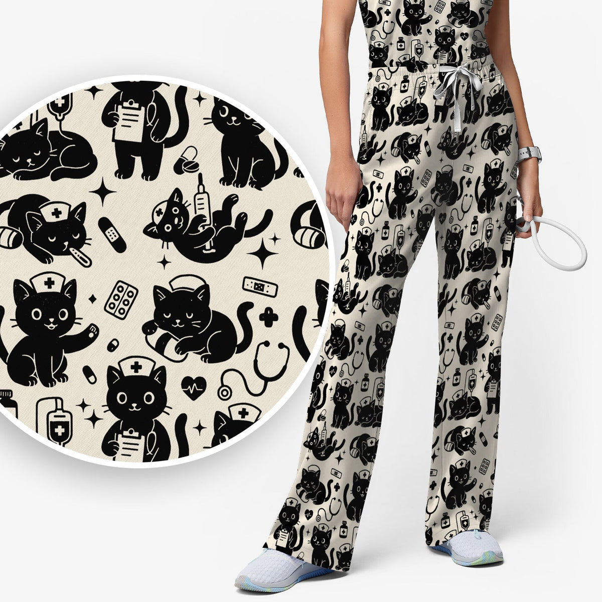 Cute White Black Cat Nurse Scrub Set