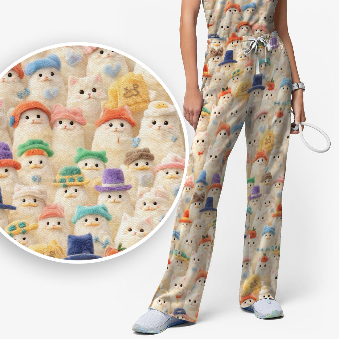 Adorable Cats Wearing Colorful Hats Nurse Scrub Set