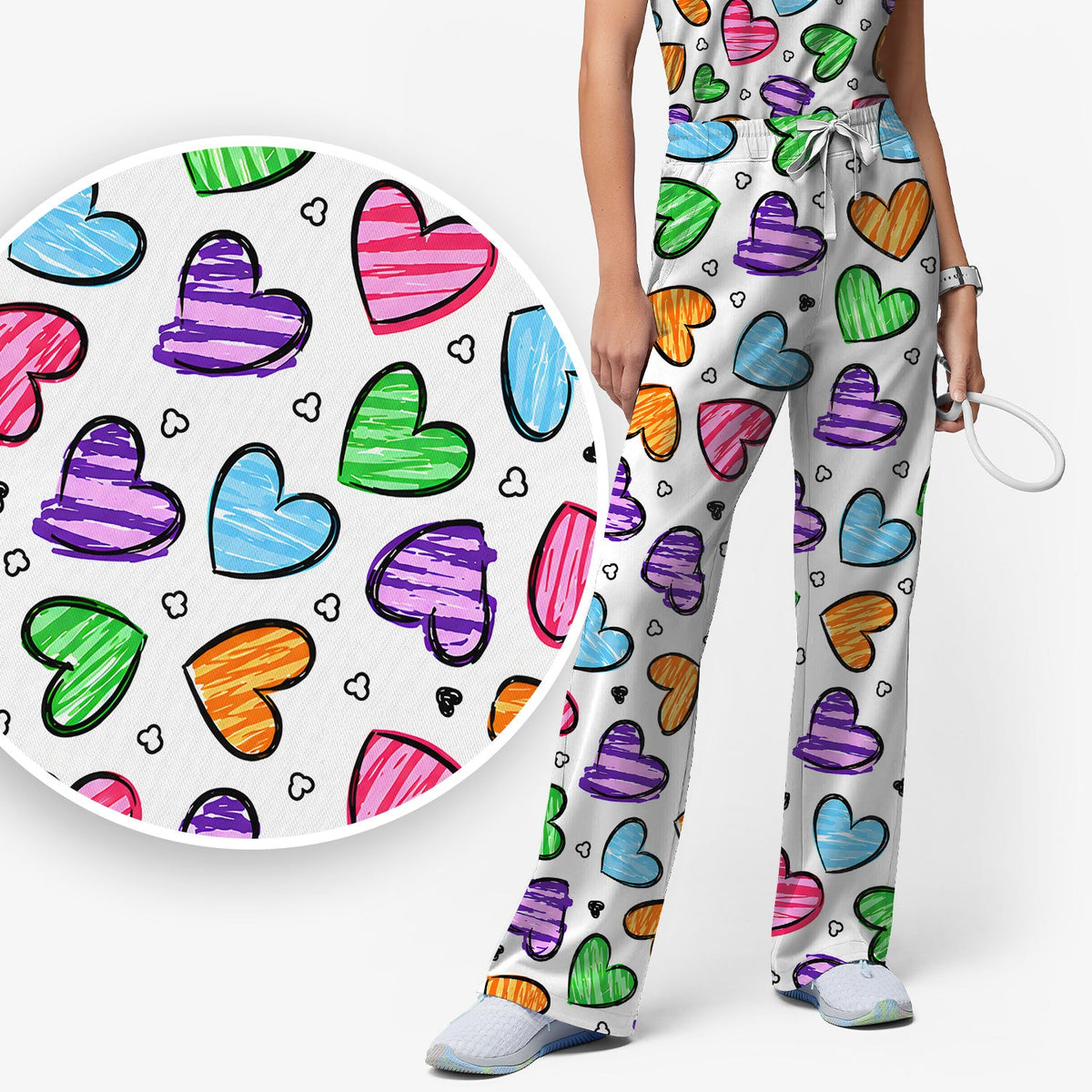 Colorful Doodle Heart Nurse Scrub Set