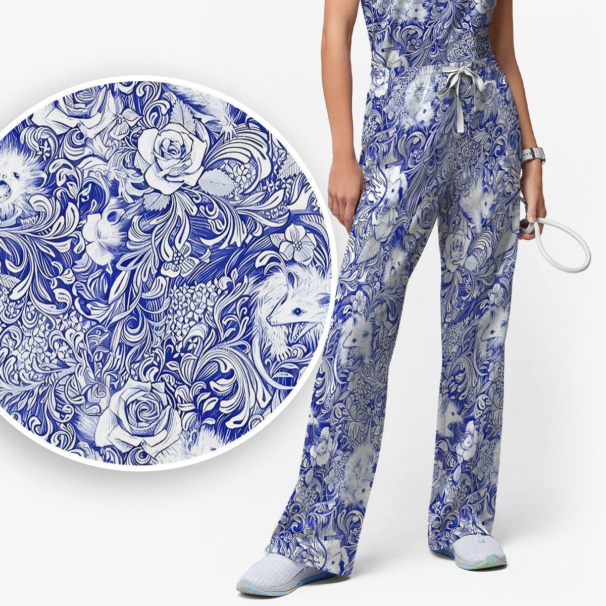 Blue Toile Porcupine Floral Nurse Scrub Set