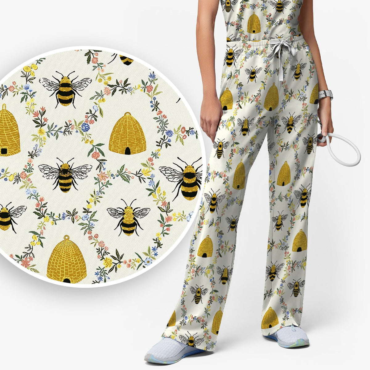 Honey Bee Beehive Floral Nurse Scrub Set
