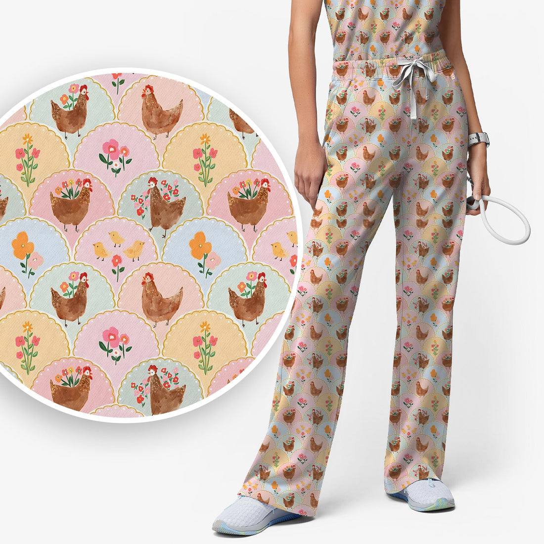 Pastel Chicken Floral Nurse Scrub Set