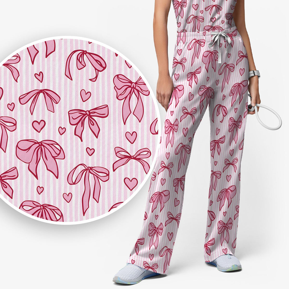Pink Bow Heart Stripe Nurse Scrub Set