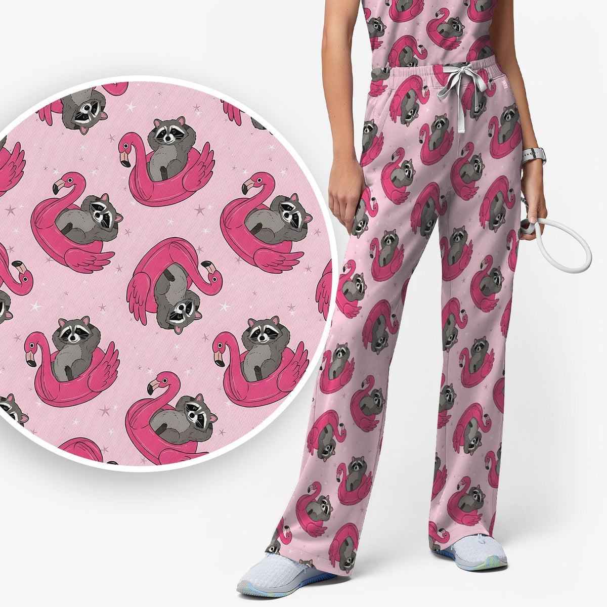 Raccoon Flamingo Float Nurse Scrub Set