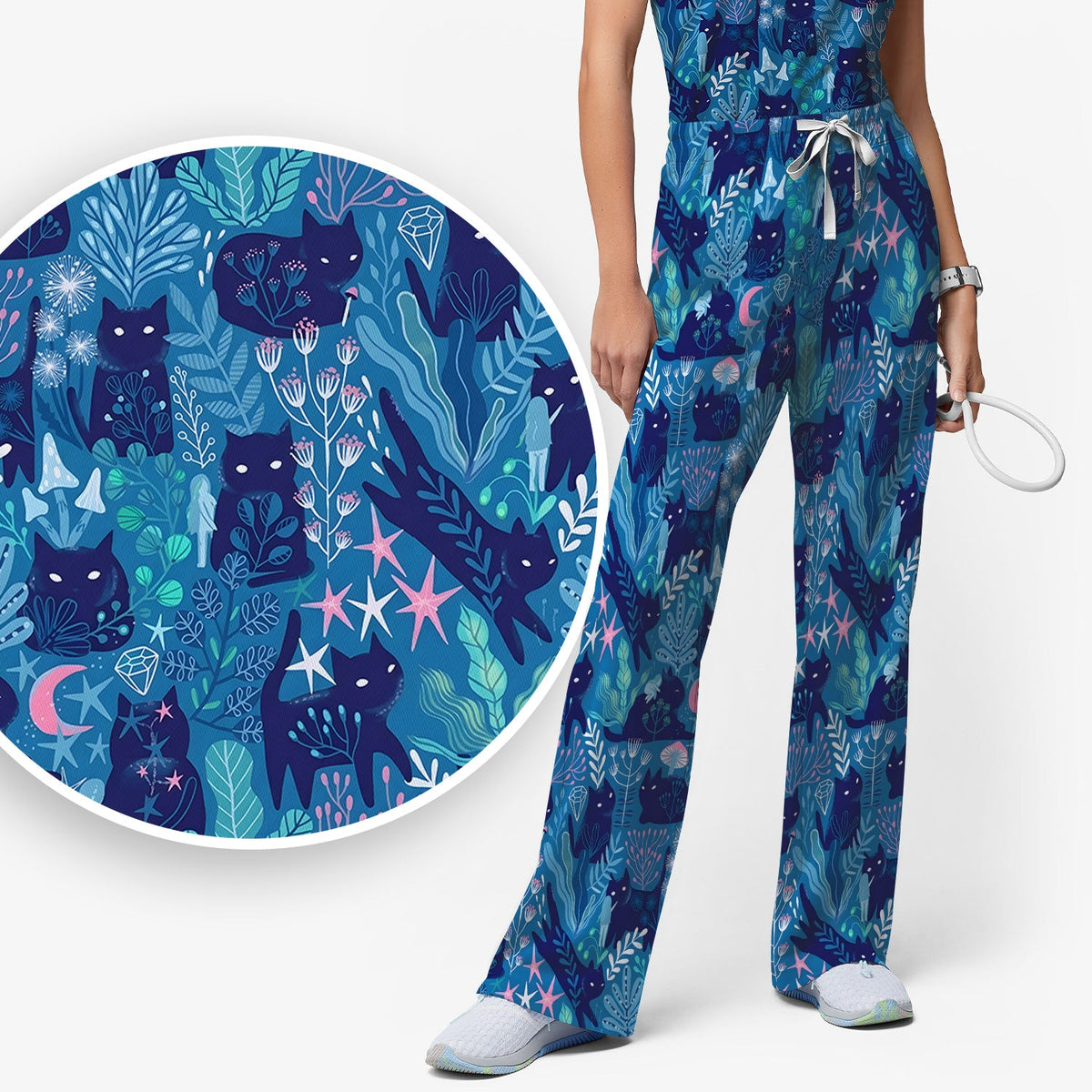 Adorable Celestial Cat Moon Star Nurse Scrub Set