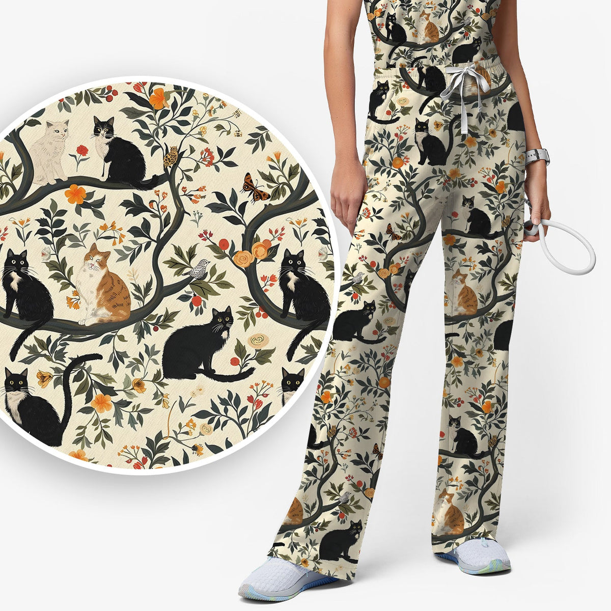Vintage Black Cat Floral Nurse Scrub Set