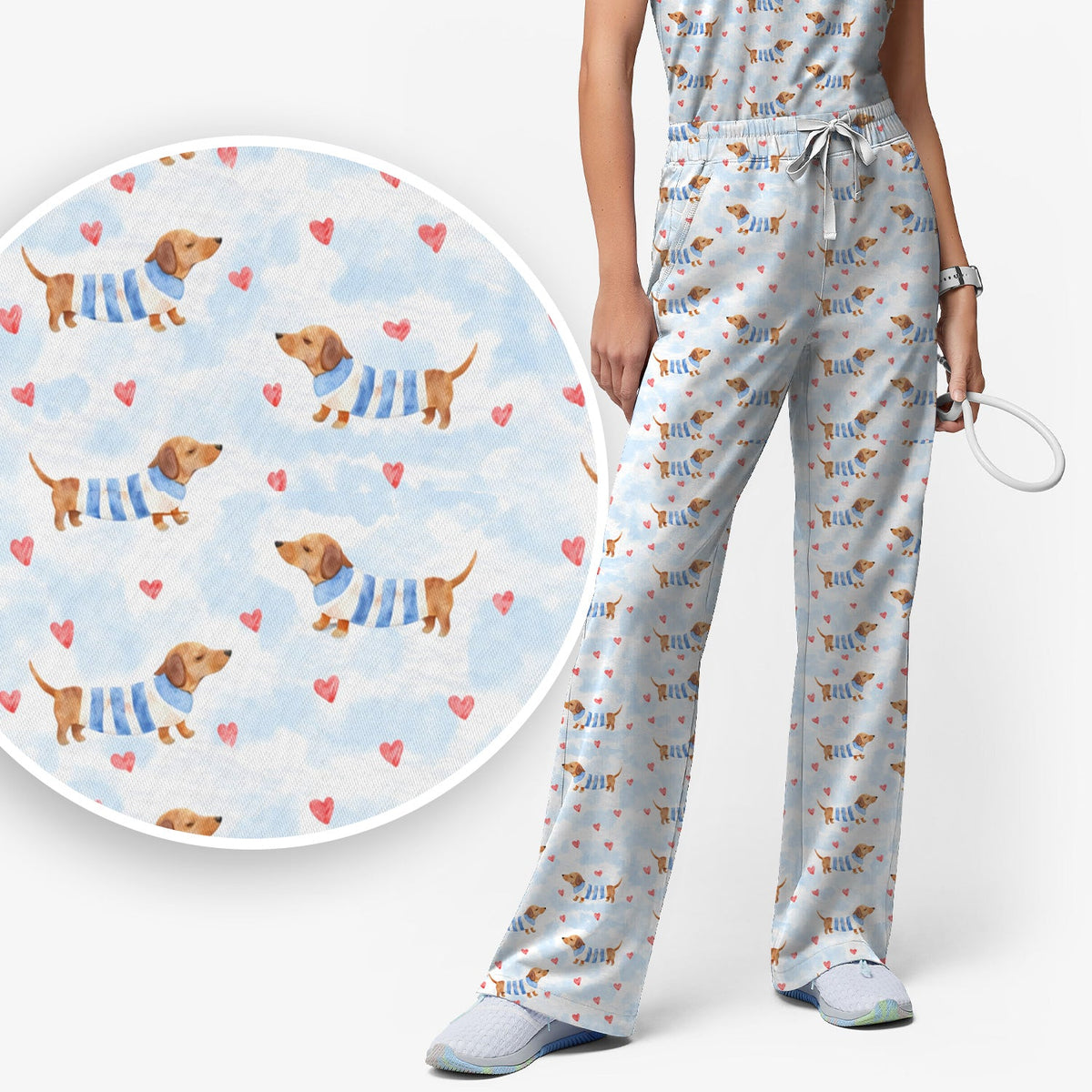 Sweet Dachshund Pink Hearts Nurse Scrub Set