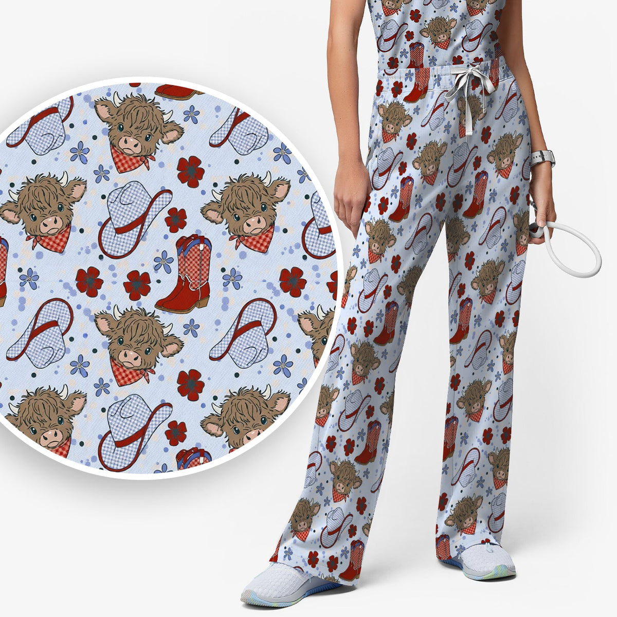 Highland Cow Cowboy Boots Nurse Scrub Set