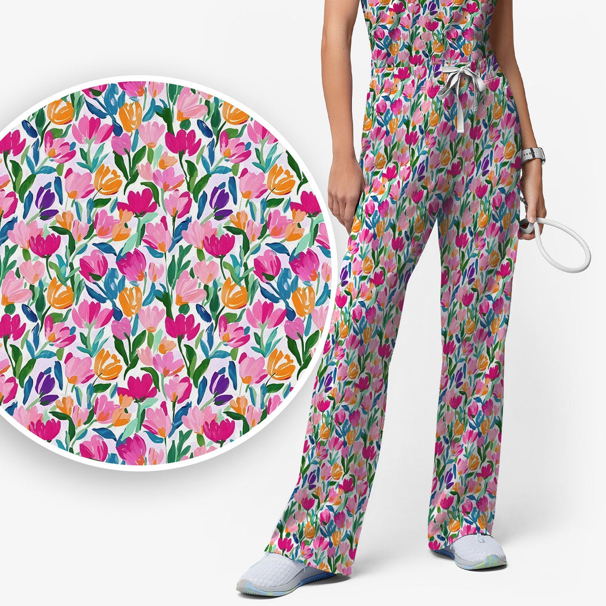 Vibrant Tulip Meadow Pattern Scrub Set, Scrub Pants and V Neck Top