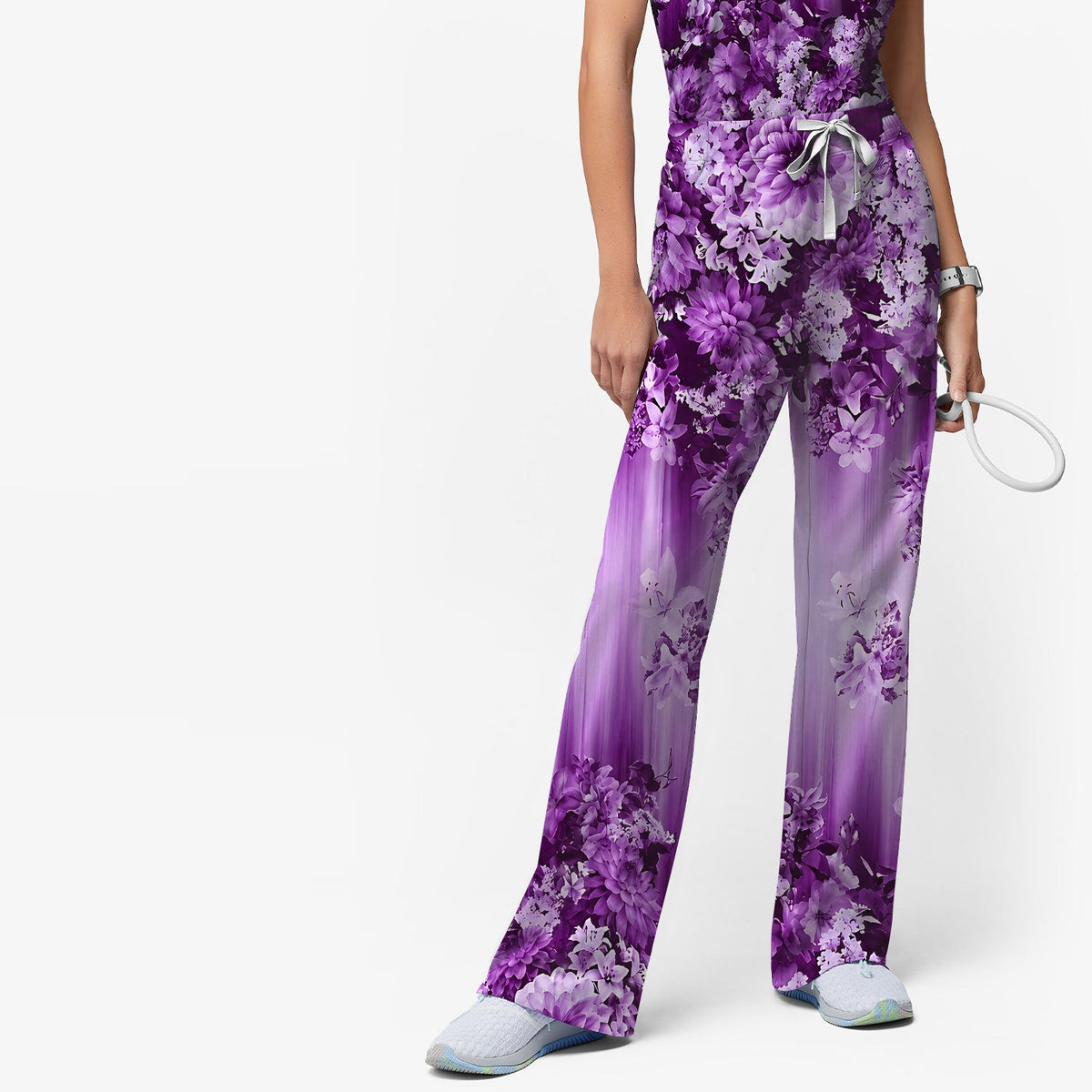 Purple Blossom Garden Pattern Scrub Set, Scrub Pants and V Neck Top