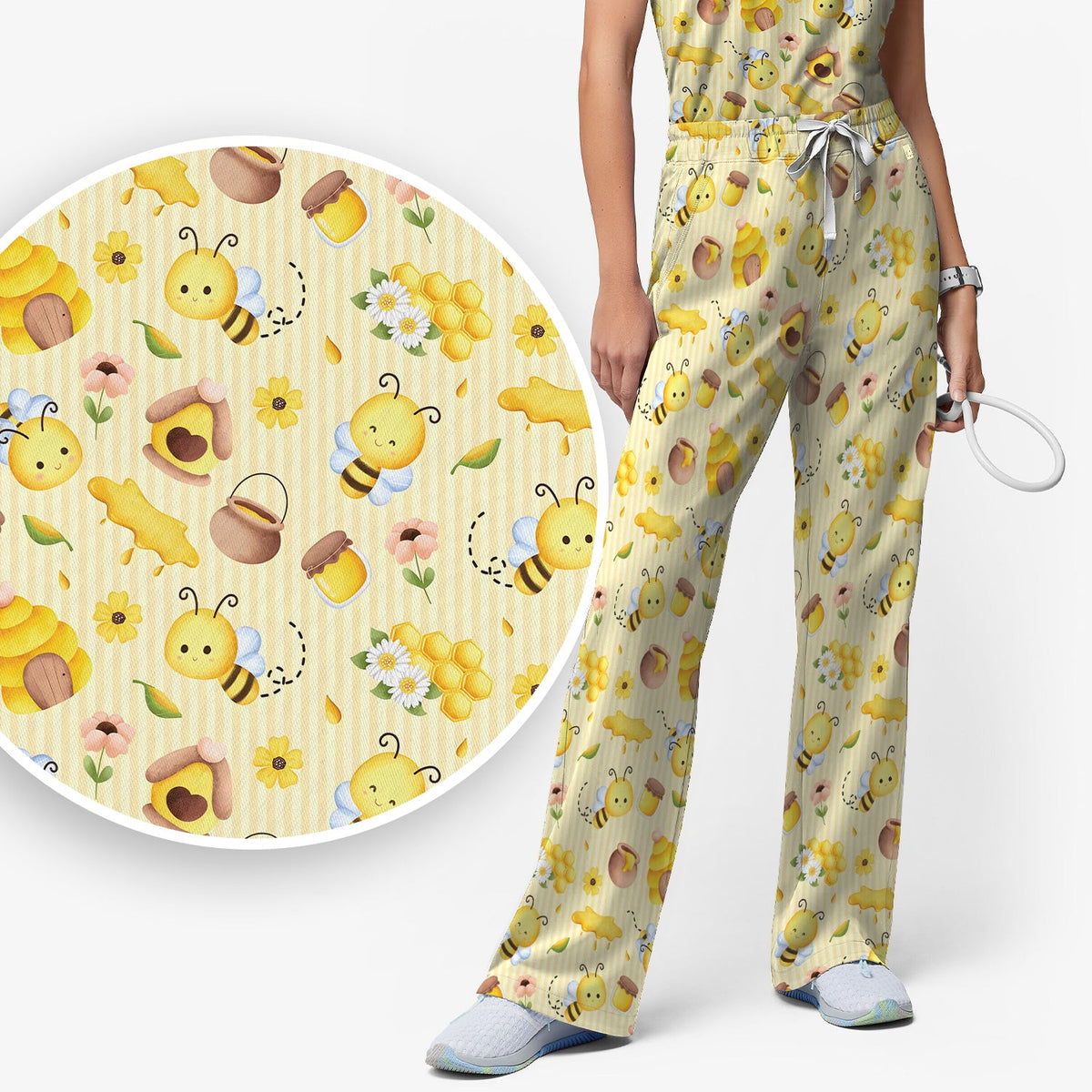 Cute Bee Honey Flower Stripe Nurse Scrub Set