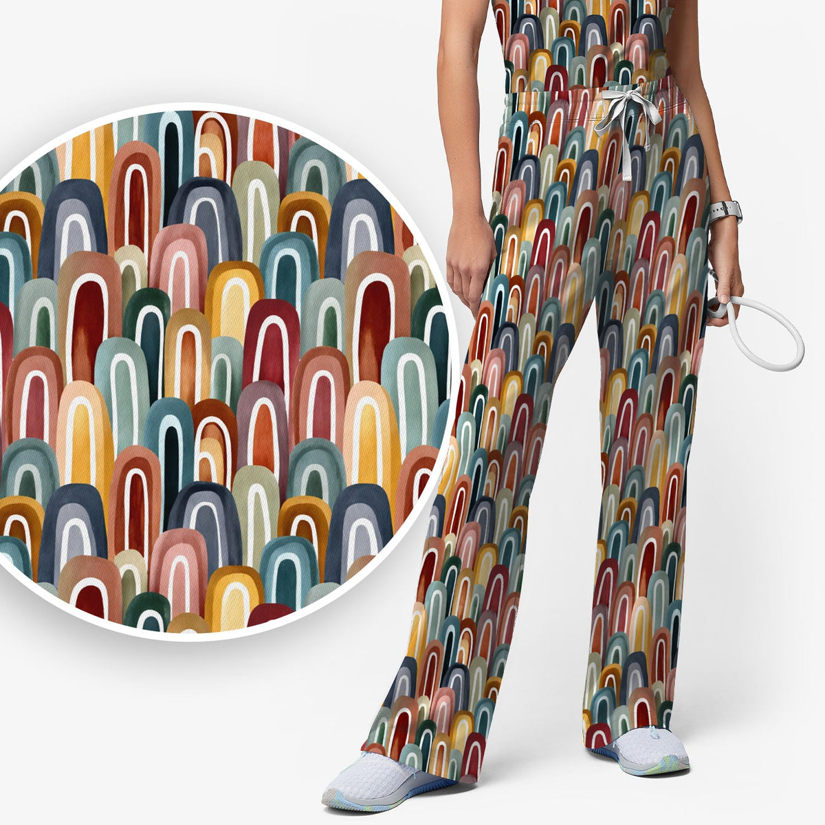 Retro Boho Rainbow Arch Nurse Scrub Set