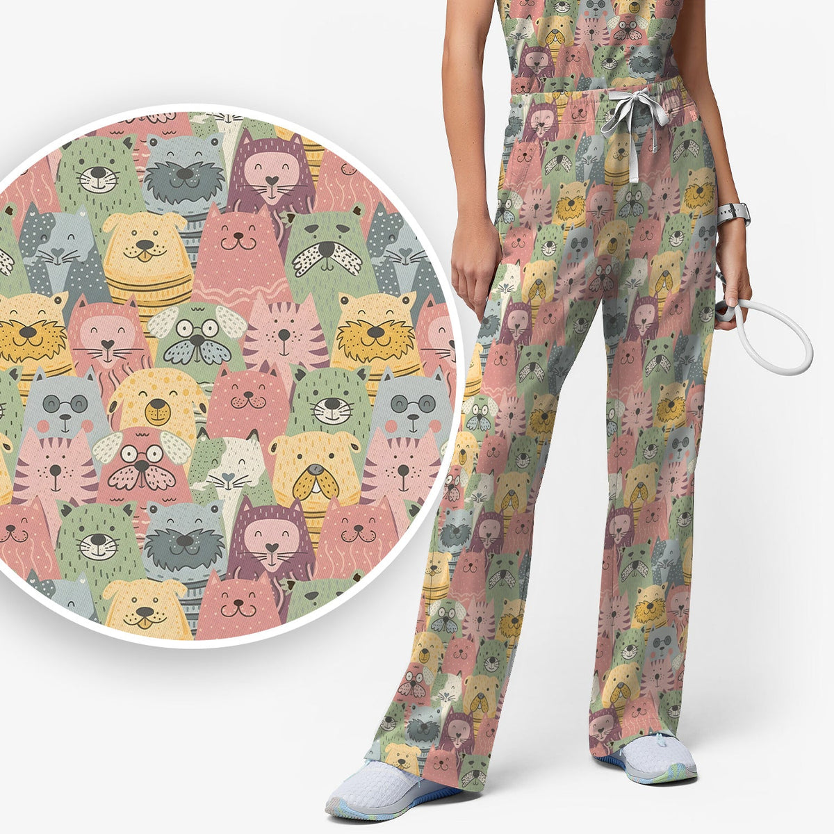 Cartoon Cat And Dog Faces Nurse Scrub Set
