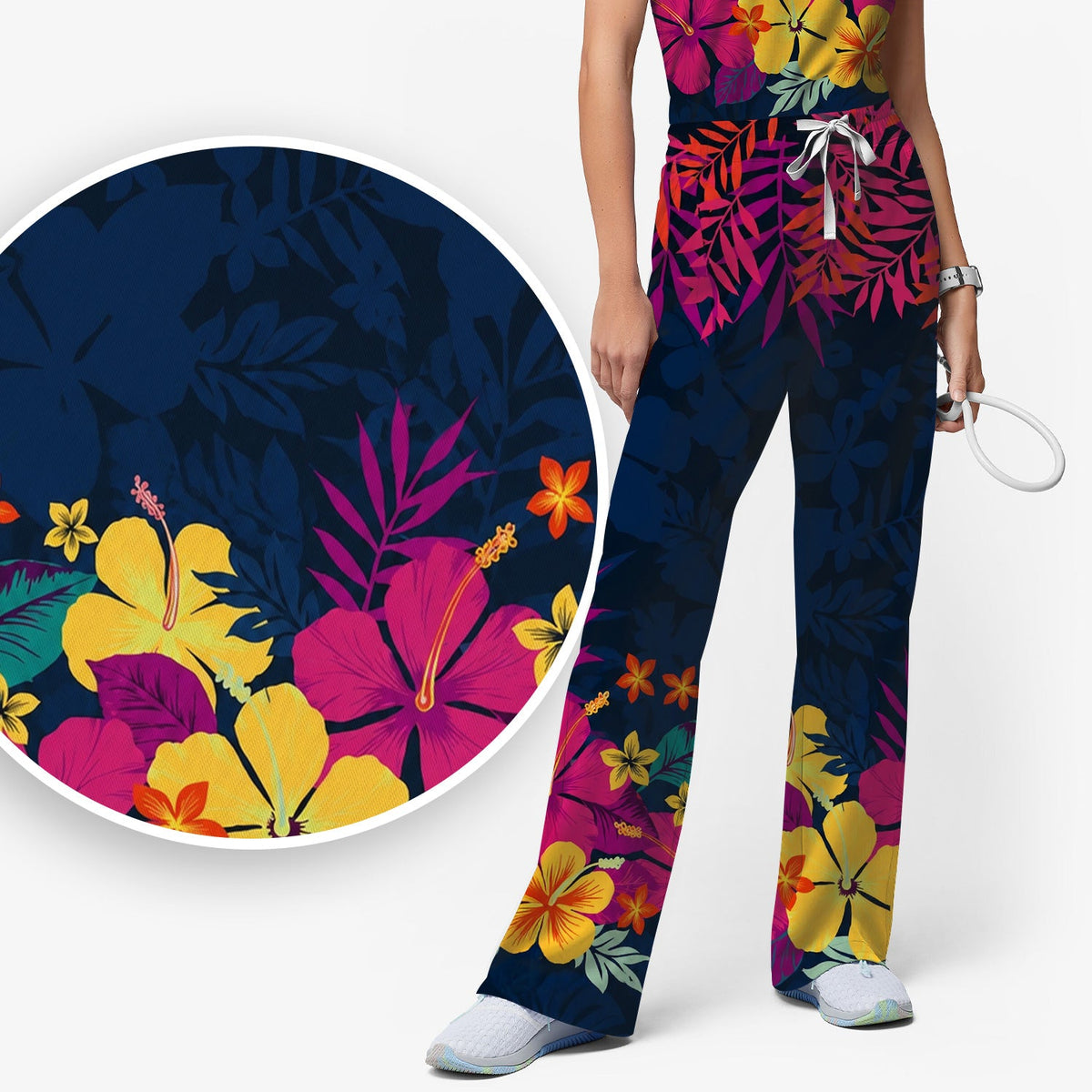 Tropical Hibiscus Palm Leaf Nurse Scrub Set