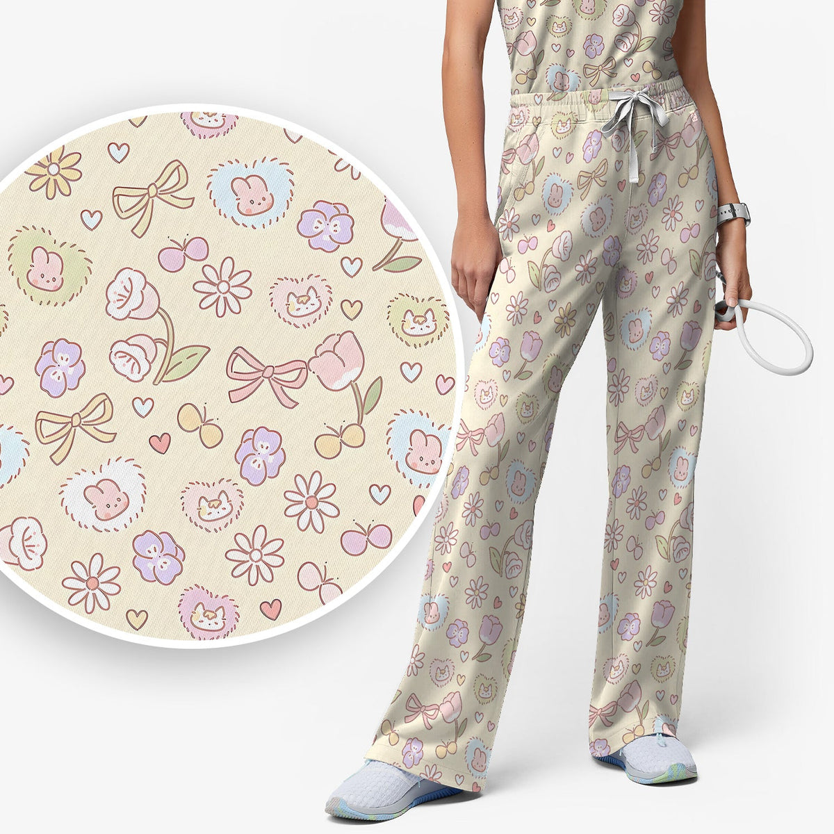 Pastel Bunny Flower Heart Nurse Scrub Set
