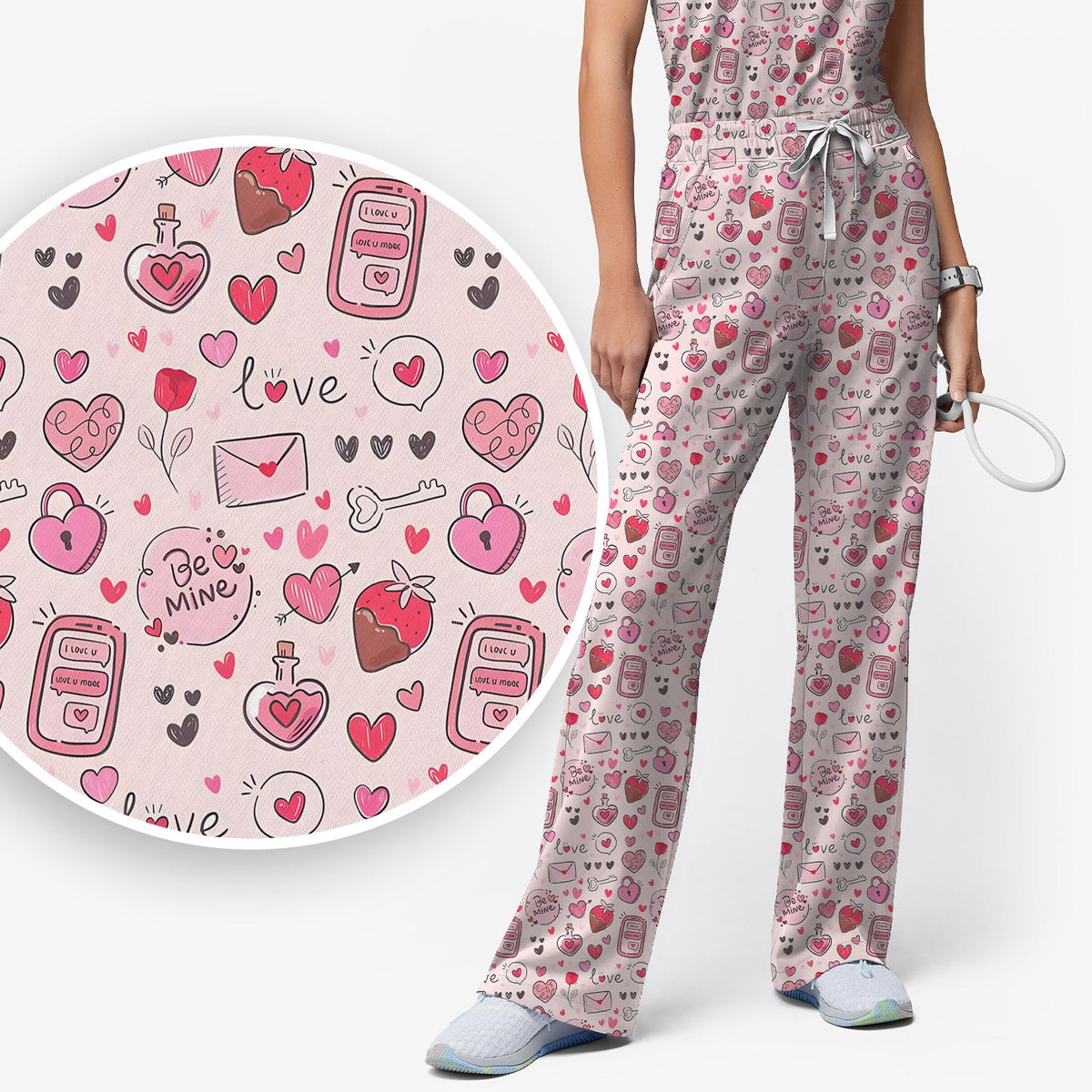 Be Mine Pink Heart Valentine Nurse Scrub Set