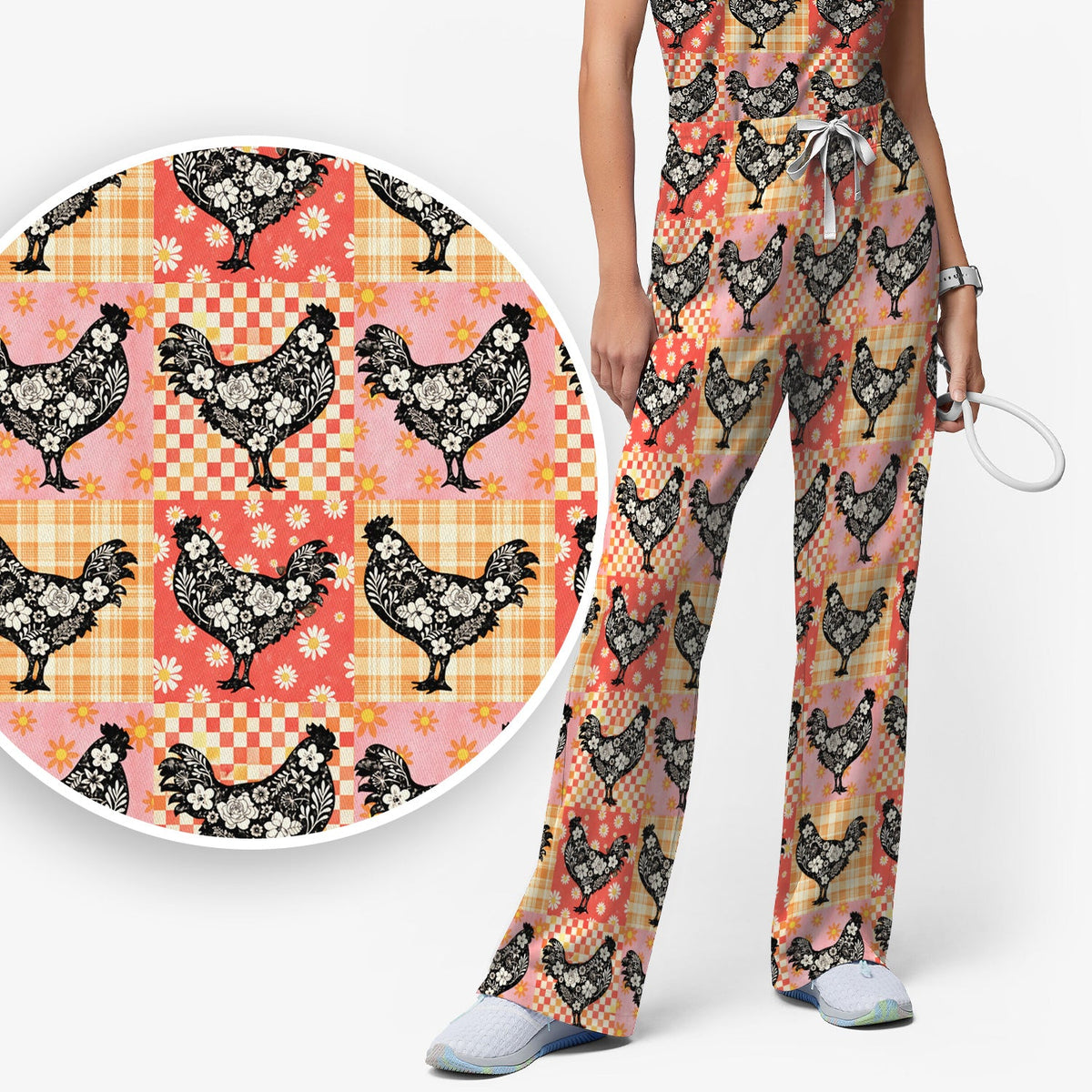 Floral Chicken Patchwork Nurse Scrub Set