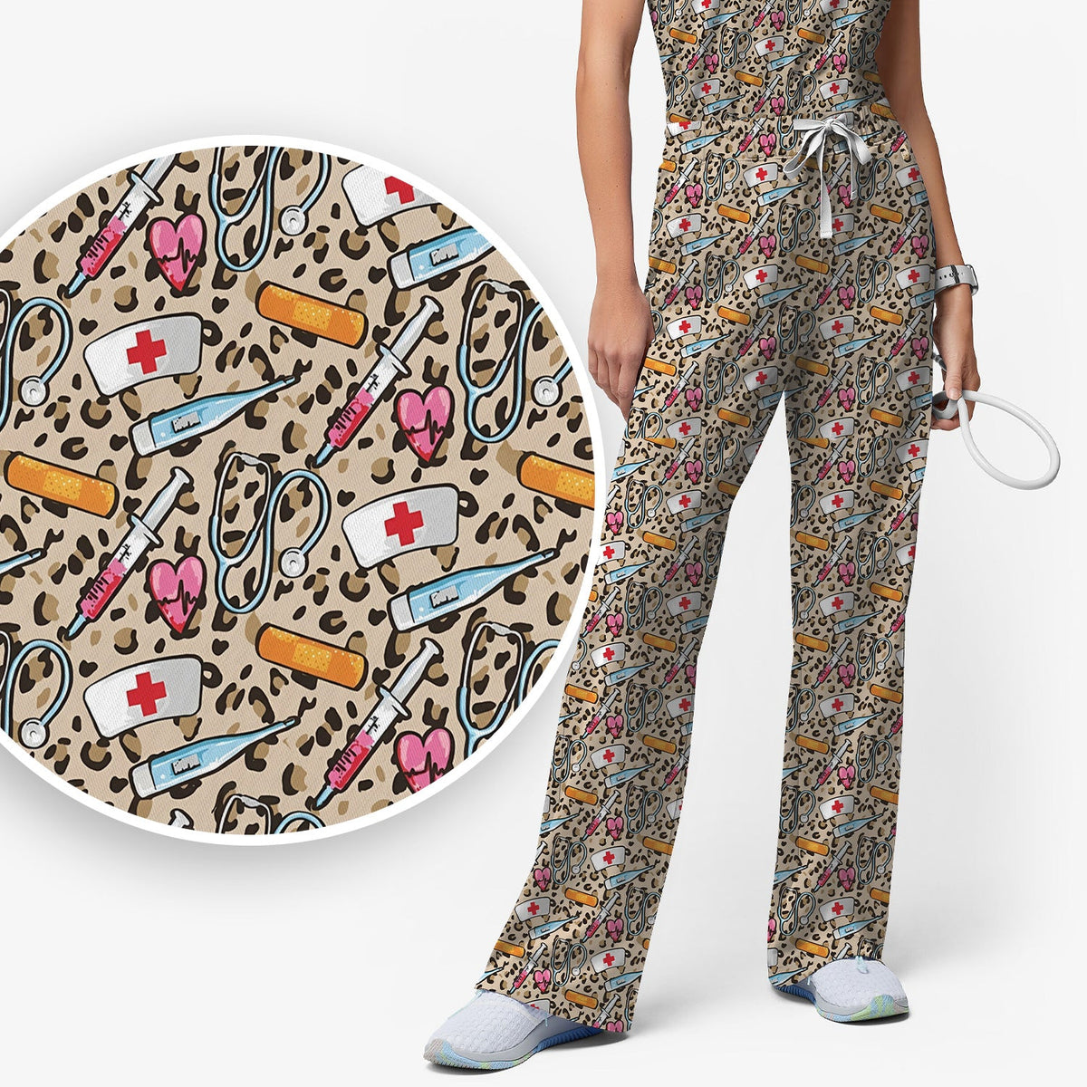 Leopard Medical Tools Pink Heart Nurse Scrub Set
