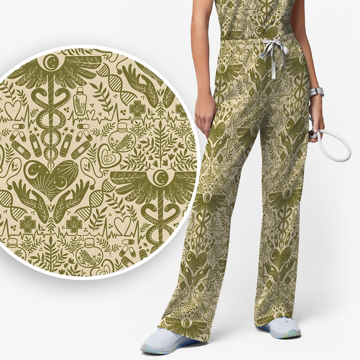 Botanical Caduceus Heart Nurse Scrub Set