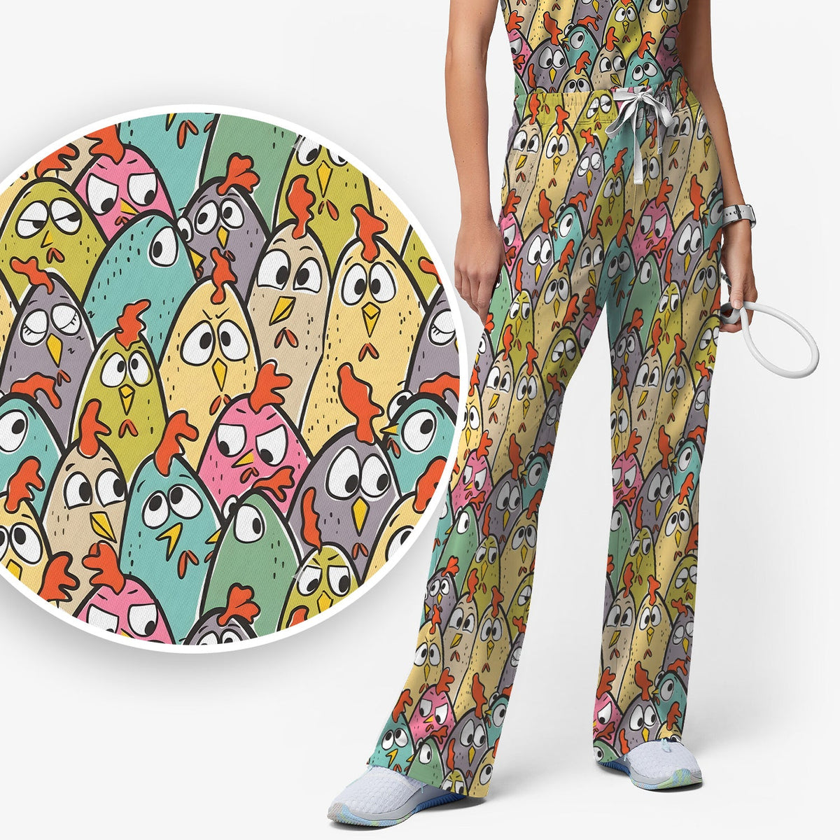 Cartoon Chicken Crowd Nurse Scrub Set