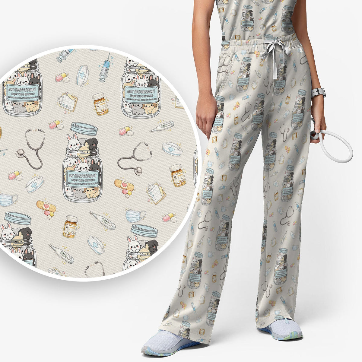 Whimsical Antidepressant Rabbit Jar Nurse Scrub Set