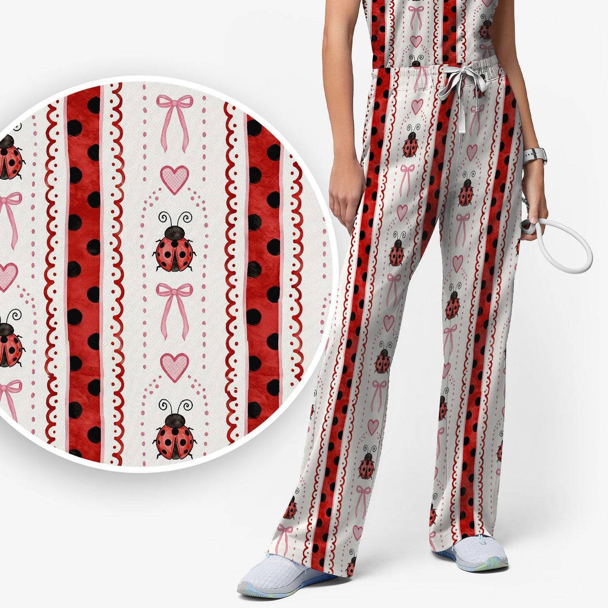 Ladybug Heart Bow Stripe Nurse Scrub Set