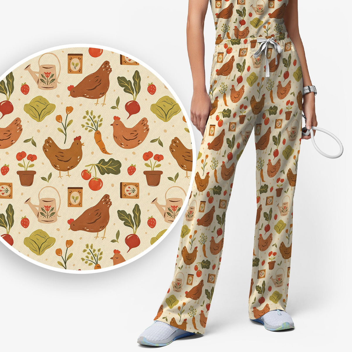 Rustic Farm Chicken Vegetable Nurse Scrub Set