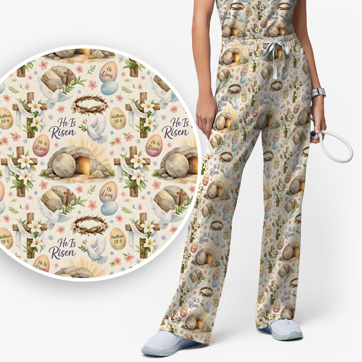 Risen Cross Tomb Lily Nurse Scrub Set - Easter Gift