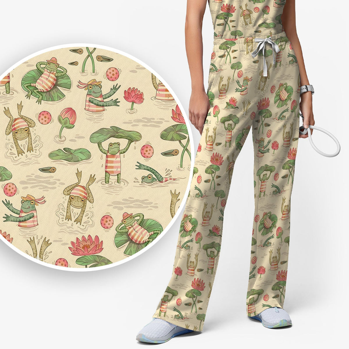 Frogs Swimming Lily Pond Nurse Scrub Set