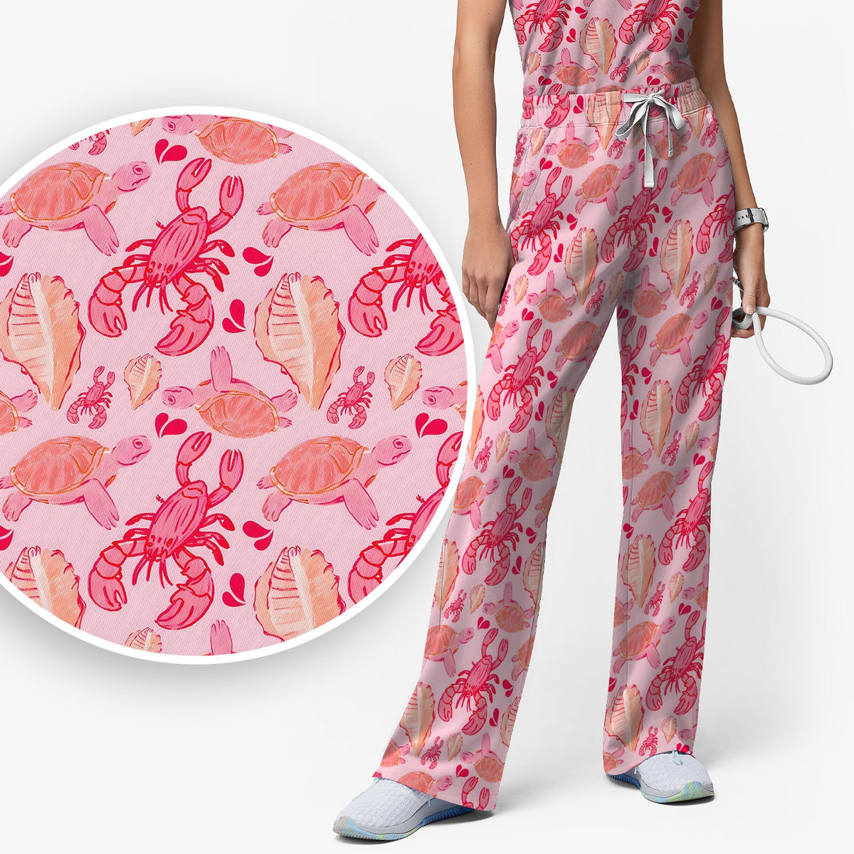 Pink Sea Turtle Lobster Shell Nurse Scrub Set