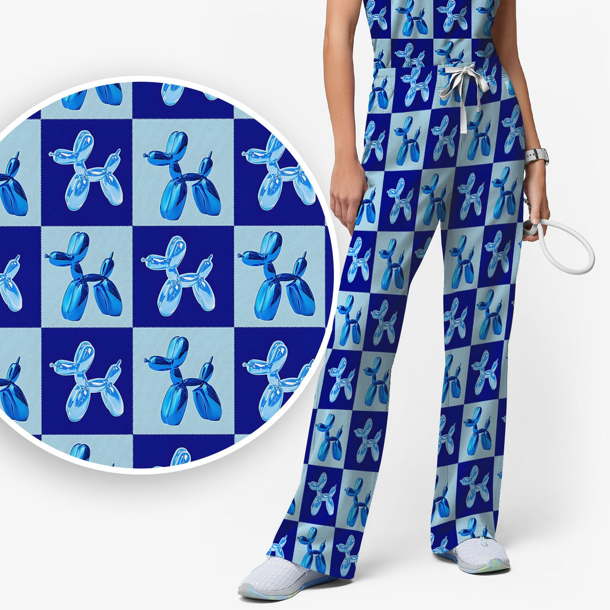 Cute Blue Balloon Dog Checkered Nurse Scrub Set