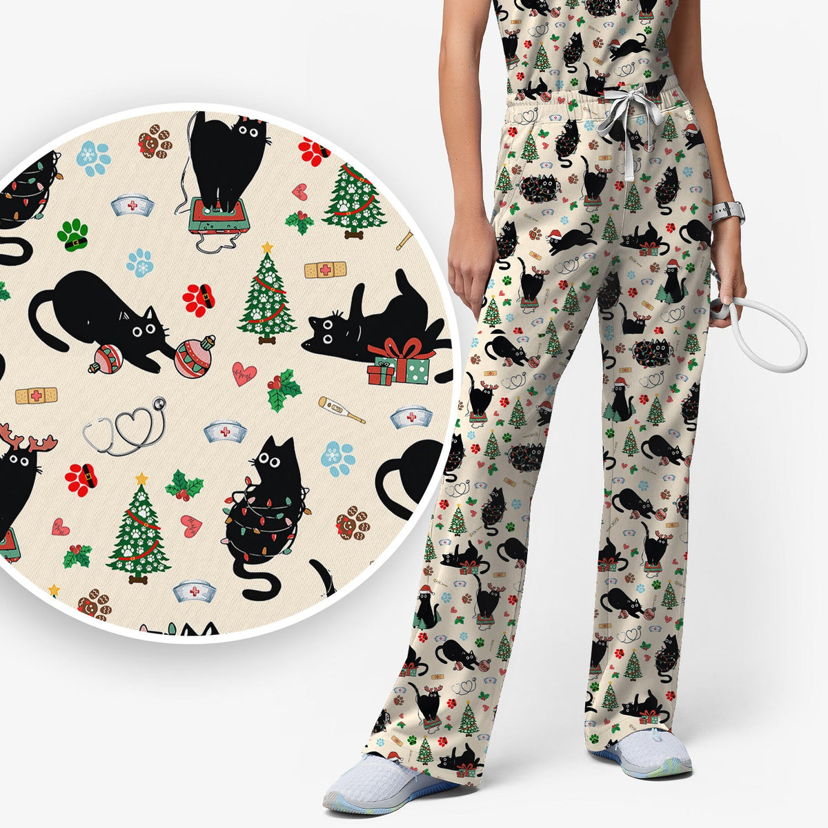 Black Cat Christmas Nurse Scrub Set, Festive Kitty Medical Uniform for Women