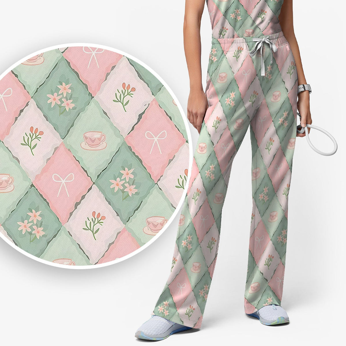 Flowers Tea Cups Nurse Scrub Set