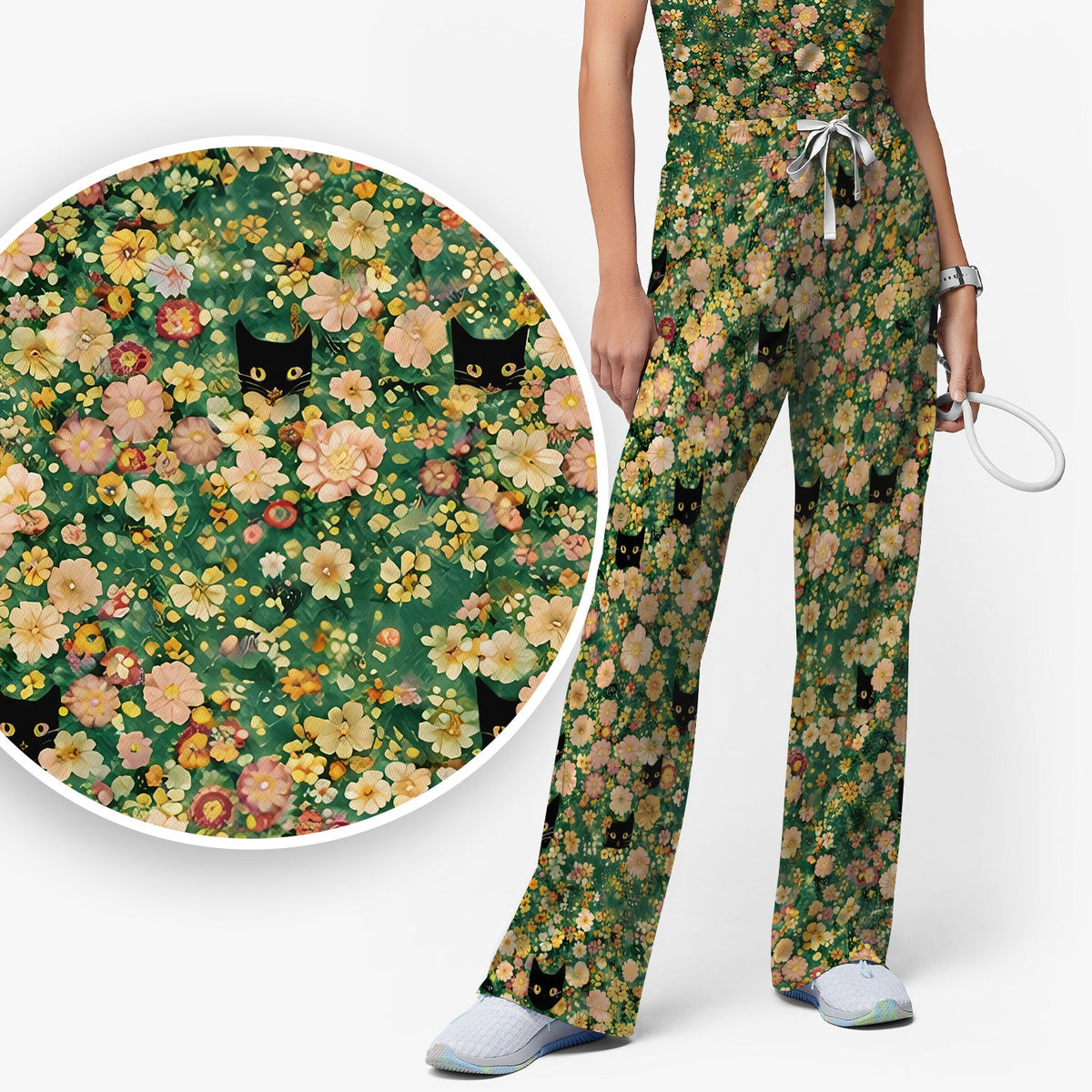 Cute Black Cat Floral Garden Nurse Scrub Set