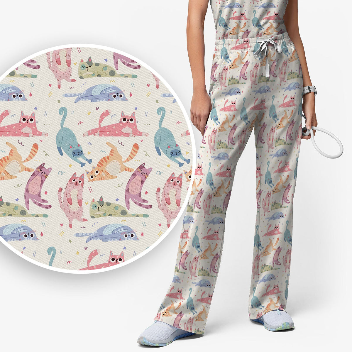 Funny Pastel Cat Pattern Medical Scrub Set, Breathable Fabrics Nursing Uniform