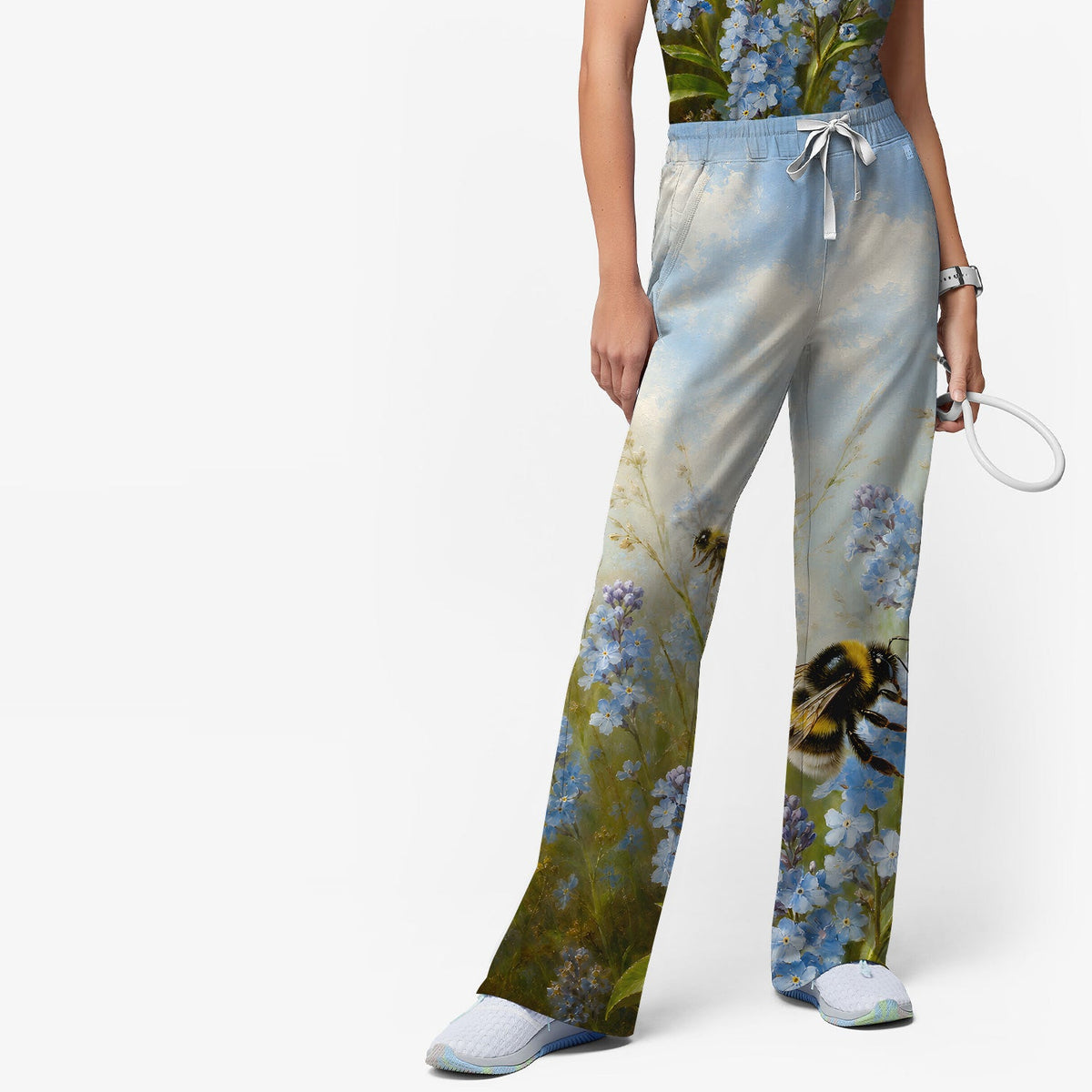 Whimsical Bumblebee Blue Blossom Nurse Scrub Set