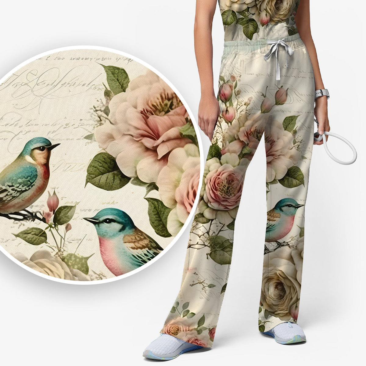 Vintage Birds Rose Nurse Scrub Set