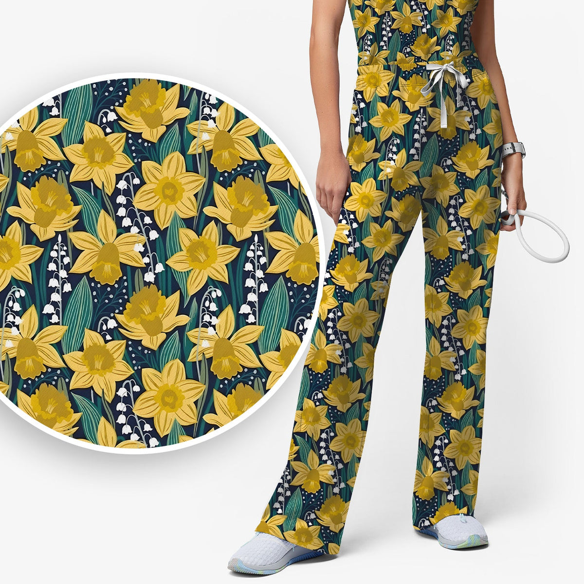 Yellow Daffodil Lily Valley Nurse Scrub Set