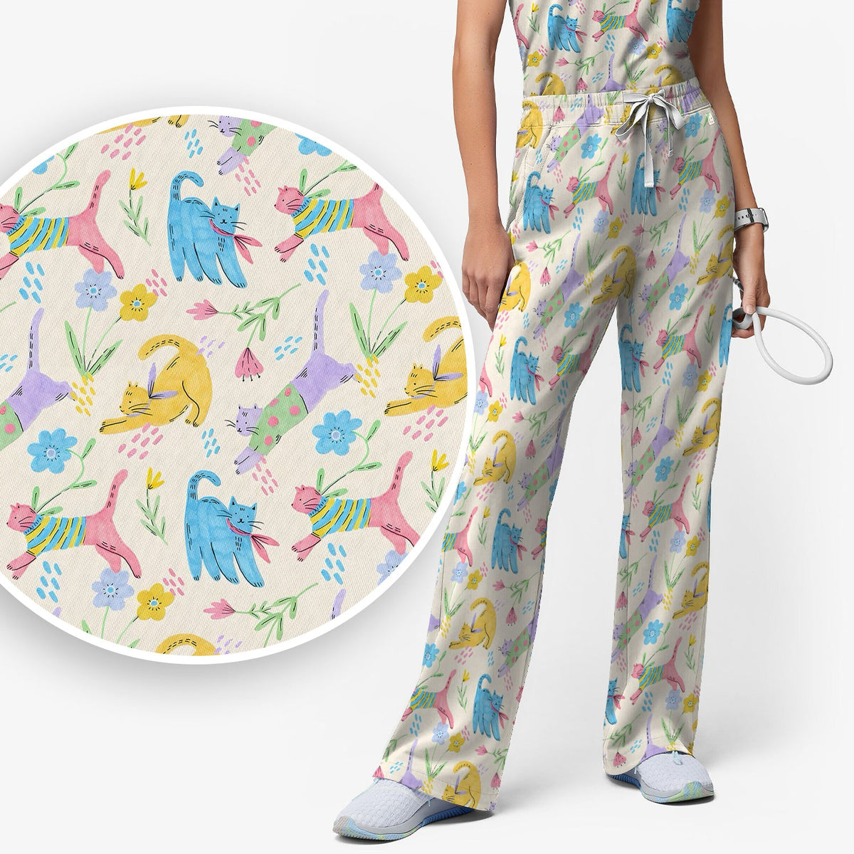 Colorful Cat Floral Nurse Scrub Set