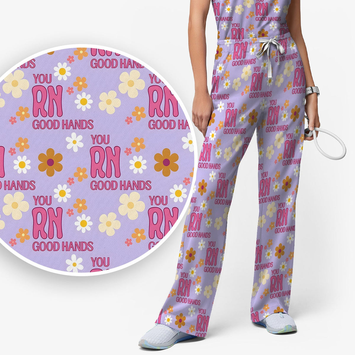 You RN Good Hands Floral Daisy Nurse Scrub Set