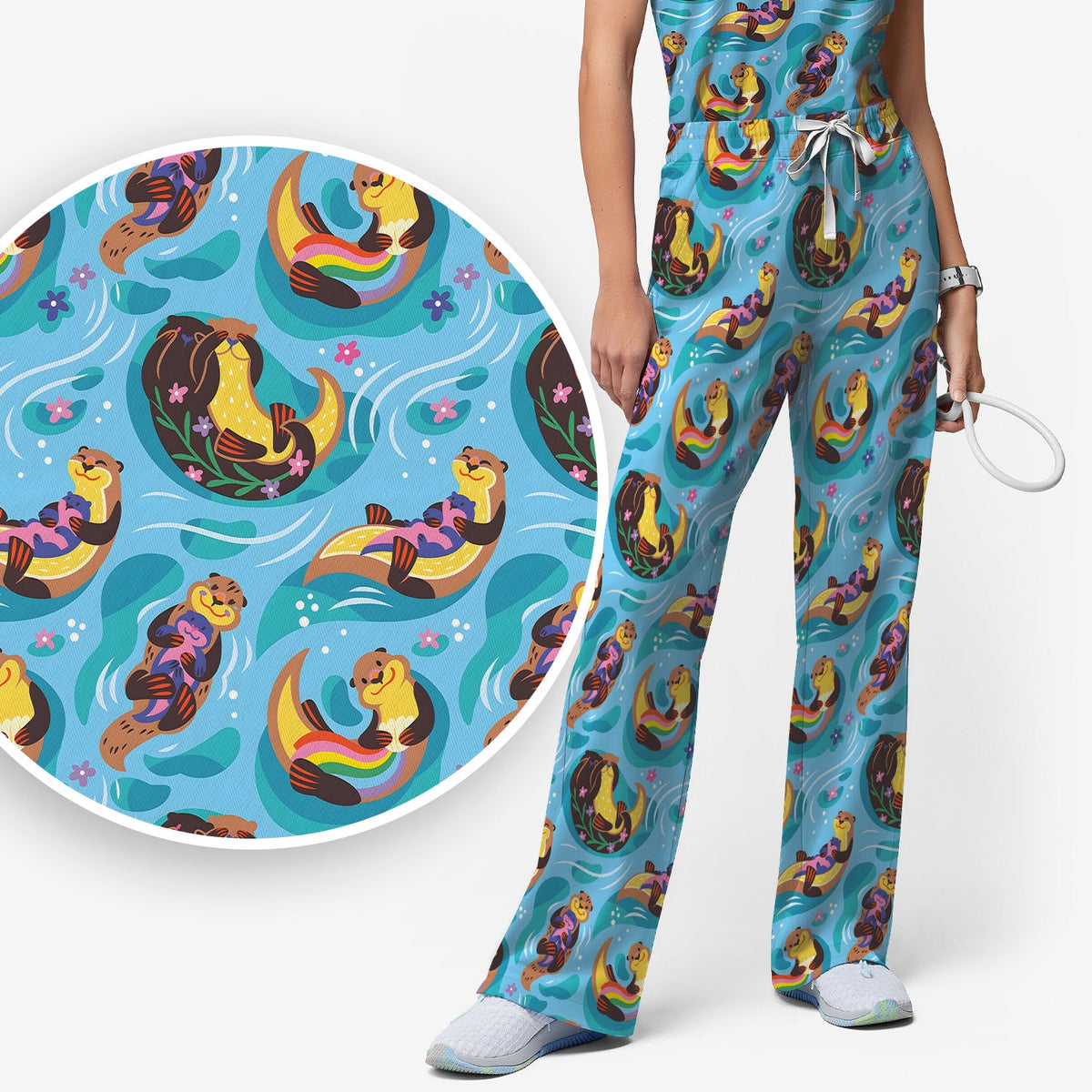 Otter Floating River Rainbow Nurse Scrub Set