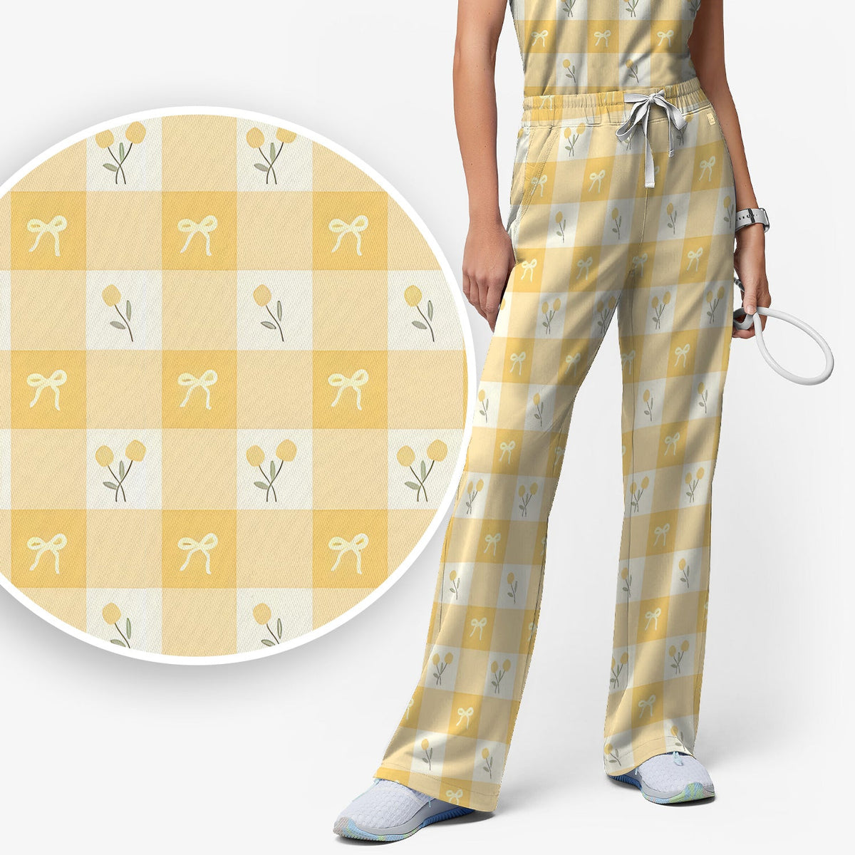 Yellow Gingham Bow Floral Nurse Scrub Set